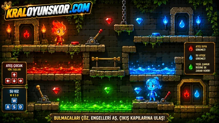 Ateş ve Su tarzı element bulmaca oyununda kırmızı ve mavi karakterlerin tapınak engellerini aştığı temsilî 2D platform görseli.