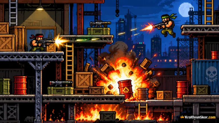 Gece Savaşanlar 2 oyununu temsil eden çok katlı platform arenasında silahlarla çatışan pikselli iki retro savaşçı sahnesi