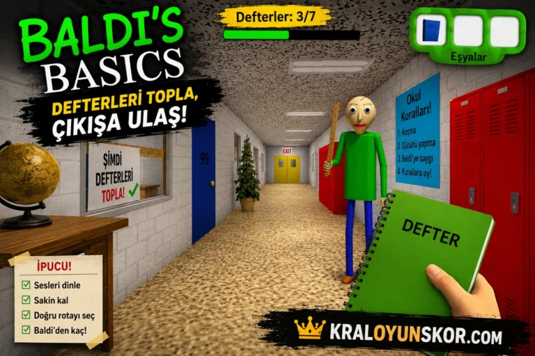 Baldi’s Basics oyunu oyna Okul koridorunda defter toplayan oyuncunun Baldi’den kaçmaya çalıştığı gerilim sahnesi