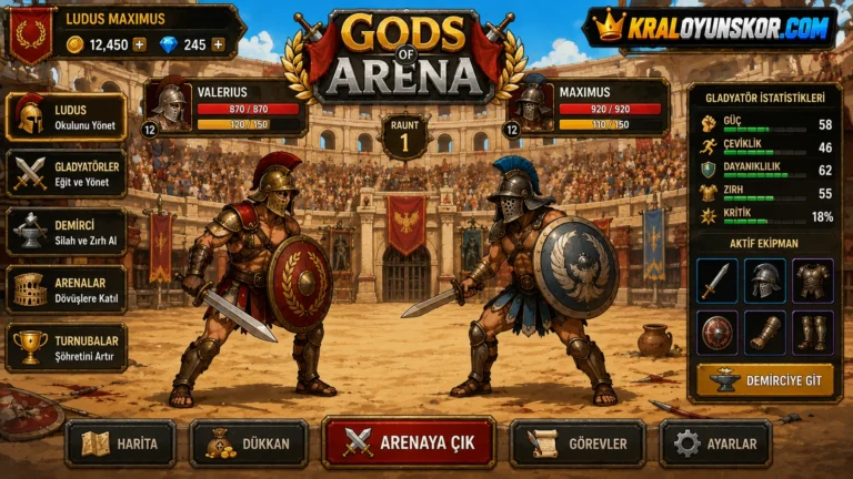 Gods of Arena oyununda antik arenada zırhlı gladyatörlerin savaştığı temsilî 2D strateji oyunu görseli.