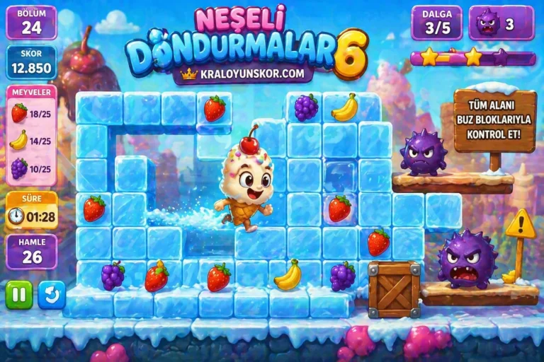 Neşeli Dondurmalar 6 oyununda dondurma karakterinin buz blokları arasında meyve toplayıp mor düşmanlardan kaçtığı renkli platform sahnesi
