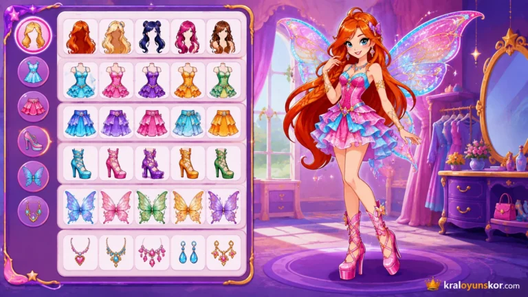 Süper Winx Club Giydir oyununu temsil eden gardırop arayüzü yanında stilize peri karakterinin yer aldığı 2D giydirme sahnesi