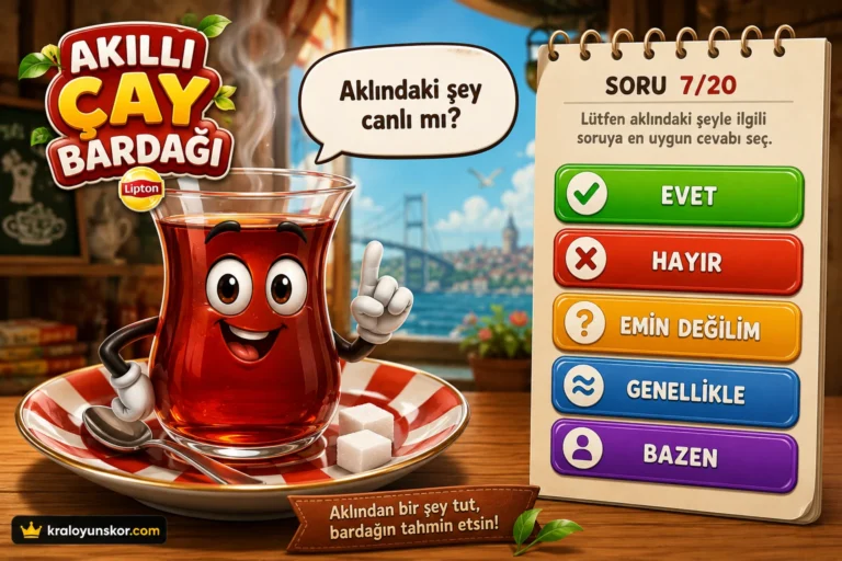 Kırmızı-beyaz pötikare desenli çay tabağı üzerinde duran, sevimli gözleri ve kolları olan konuşkan bir cam çay bardağı karakterinin ekrandaki beş farklı cevap şıkkının önünde gülümsediği oyun sahnesi