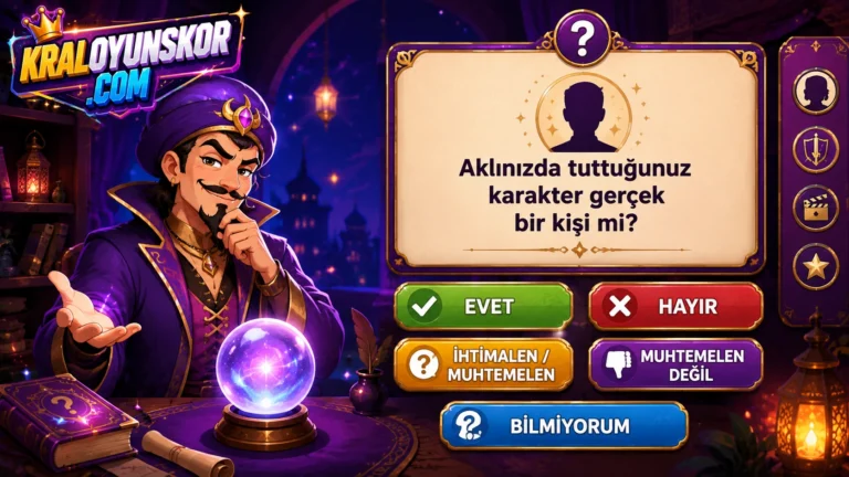 Karakter tahmin oyununu temsil eden fantastik karakter ile soru ve cevap seçeneklerinin yer aldığı temsilî 2D görsel.