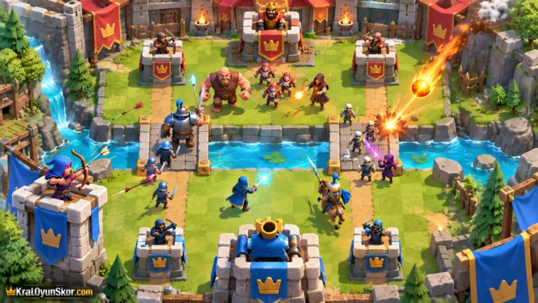 Clash Royale oyununu temsil eden ortasında nehir ve iki köprü bulunan arenada kuleler arasında çarpışan minyatür birliklerin yer aldığı 2.5D strateji sahnesi