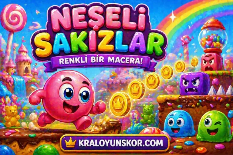 Neşeli Sakızlar oyununda renkli şeker dünyasında zıplayan pembe sakız karakterinin altın paralar topladığı platform sahnesi