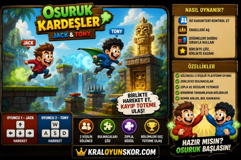 Osuruk Kardeşler oyunu oyna Jack ve Tony karakterlerinin platformlar arasında birlikte ilerlediği 2 kişilik macera sahnesi