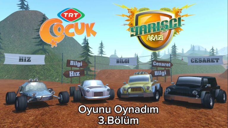 Yarışçı Arazi oyununda arazi parkurunda ilerleyen araç ve TRT Çocuk karakterleri