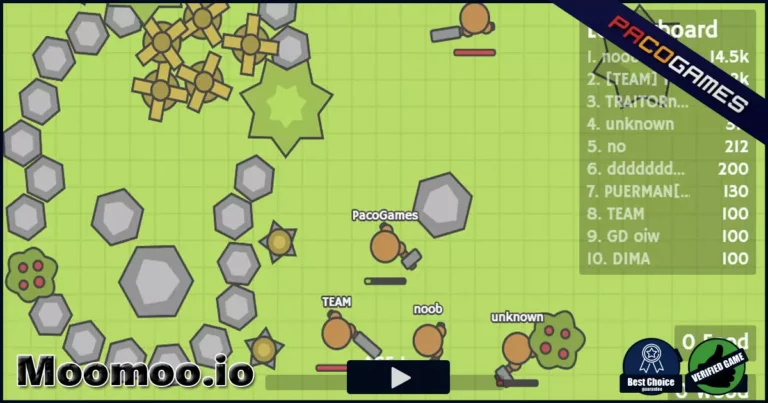 Moomoo.Io oyna ✅✅. MooMoo.io kaynakları toplama ve bir köy inşa etme konusunda zorlu bir .io oyunudur. Tahta ve taşları toplamak için ağaçlara ve kayalara çarpın. Duvarları ve yel değirmenlerini inşa etmek için bu kaynakları kullanabilirsiniz. Duvarlar, işaretli kaynaklarınıza ve yel değirmenlerine koruma sağlar. Yel değirmenleri zamanla size puan verebilir. HP'yi geri yüklemek için kullanabileceğiniz yiyecekleri almak için meyve ağaçlarına da vurabilirsiniz. Tıpkı çoğu .io oyununda olduğu gibi, amaç kaynakları toplayarak seviye atlamaktır. Bu oyunda, seviye atladığında farklı güncellemeler arasından seçim yapabilirsin. Diğer insanlara düşman oldukları için dikkat ettiğinizden emin olun. İyi eğlenceler! Kontroller WASD veya ok tuşlarını hareket ettirmek için Öğe / bina seçmek için 1 ila 9 tuş veya sol tuşla Kaynak toplamak / diğer oyuncuya ulaşmak için sol tıklayın veya boşluk bırakın Moomoo.Io oynarken başarılar.