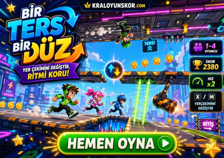 Bir Ters Bir Düz oyununda karakterlerin yer çekimini değiştirerek zemin ve tavandaki parkurlar arasında ilerlediği neon yarış sahnesi