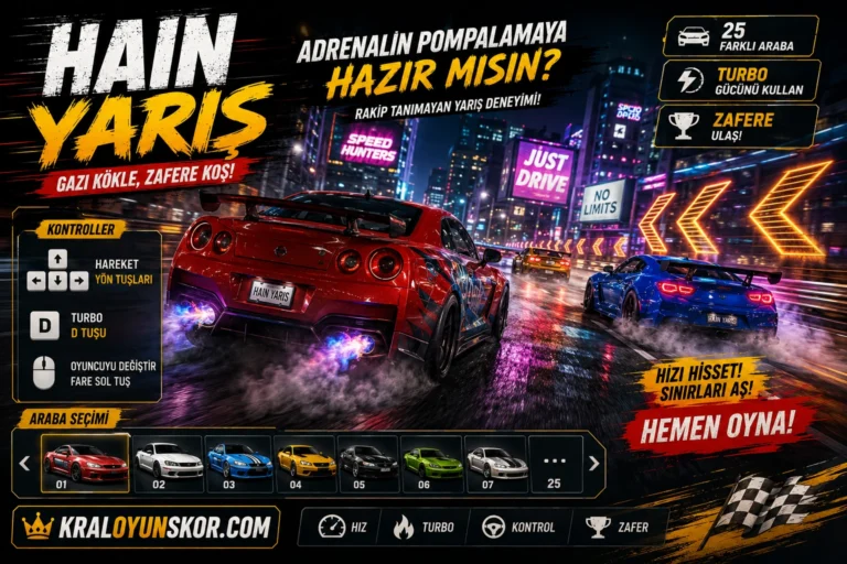 Turbo kullanan yarış arabalarının neon şehir pistinde yüksek hızla ilerlediği sahne