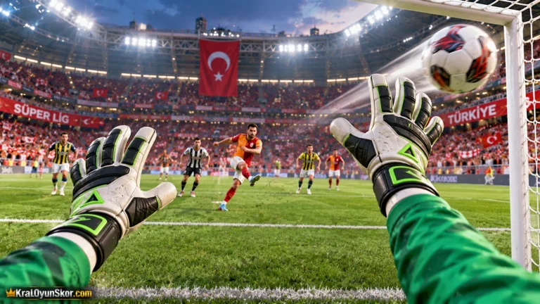 Kaleci Türkiye oyununu temsil eden kale çizgisinde köşeye uzanan kaleci eldivenleri ve çatala yönelen futbol topunun yer aldığı aksiyon sahnesi