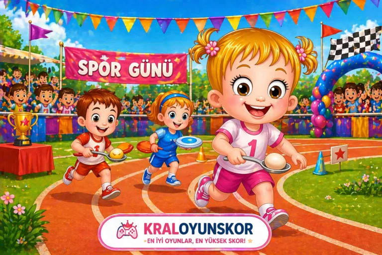 hazel bebek spor günü oyununda çocukların kaşık yumurta yarışında koştuğu oynanış sahnesi