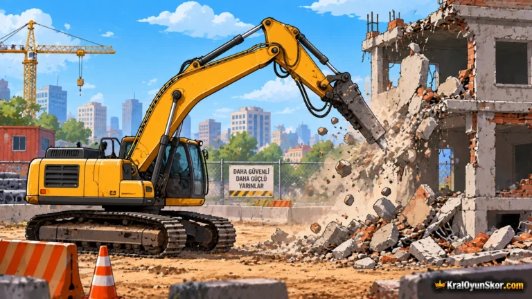 Kepçe İle Ev Yıkma oyununu temsil eden şantiye alanında eski bir binanın beton duvarlarını kıran sarı iş makinesi