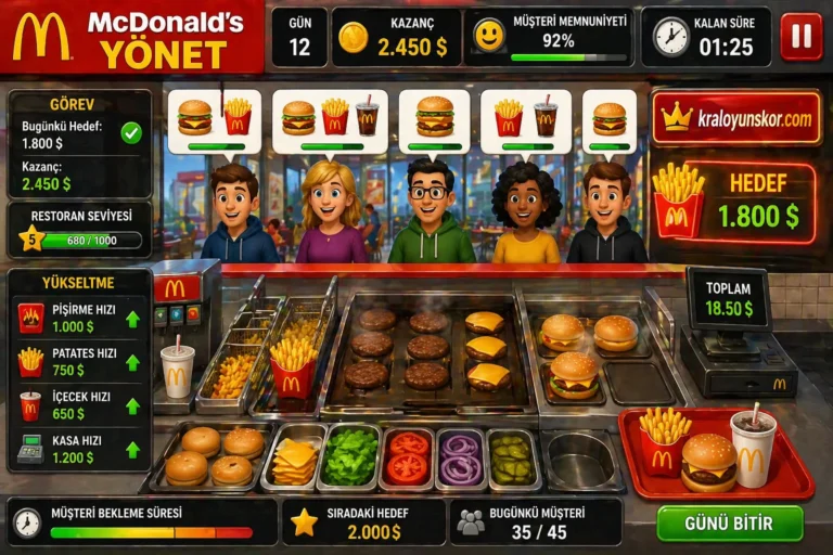 McDonald's Yönet oyununda mutfakta burger hazırlayan çalışanın, müşteri siparişleri, kazanç, memnuniyet ve hedef panelleriyle restoran yönettiği canlı sahne