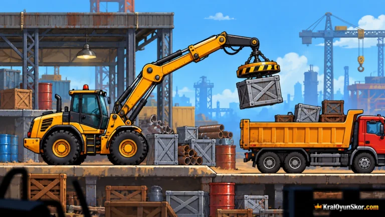 Mıknatıs Dozer oyununu temsil eden sarı iş makinesinin elektromıknatıs koluyla metal yükü kamyon kasasına taşıdığı 2D fizik sahnesi