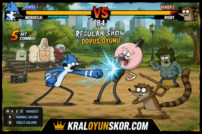 Mordecai ve Rigby’nin park arenasında rakiplere karşı savaştığı dövüş sahnesi