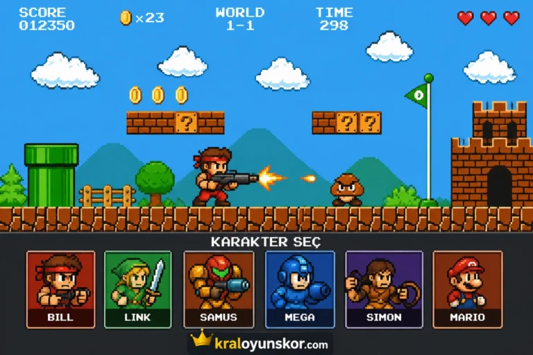 Mario Crossover oyununda Mega Man, Contra ve Zelda karakterlerinin klasik piksel haritada bir arada yer aldığı stilize sahne.