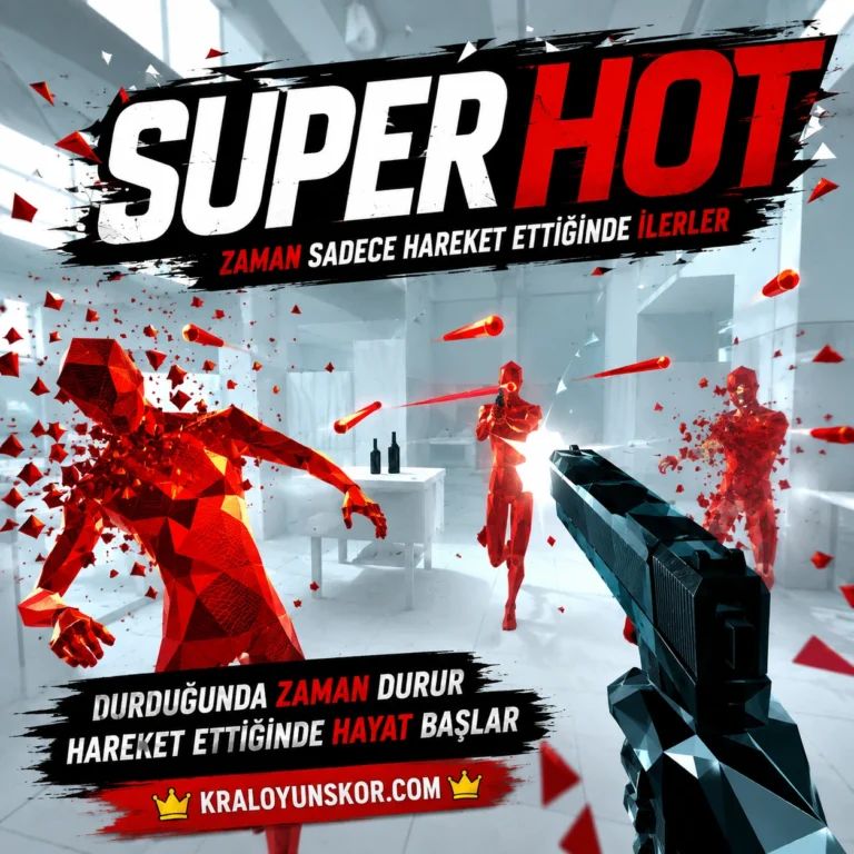 Super Hot oyununda havada asılı duran kırmızı kurşun izlerinin arasından sıyrılan minimalist karakter sahnesi