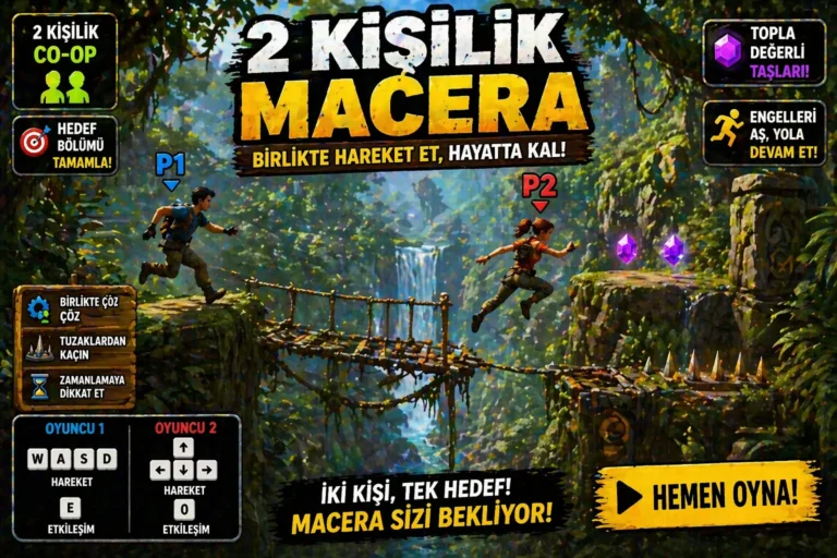 2 Kişilik Macera oyununda iki karakterin orman içinde engelleri aşarak birlikte ilerlediği sahne