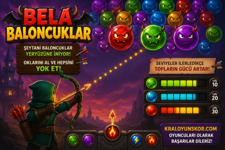 Şeytani baloncuklara karşı ok atan karakterin bulunduğu arcade savaş sahnesi