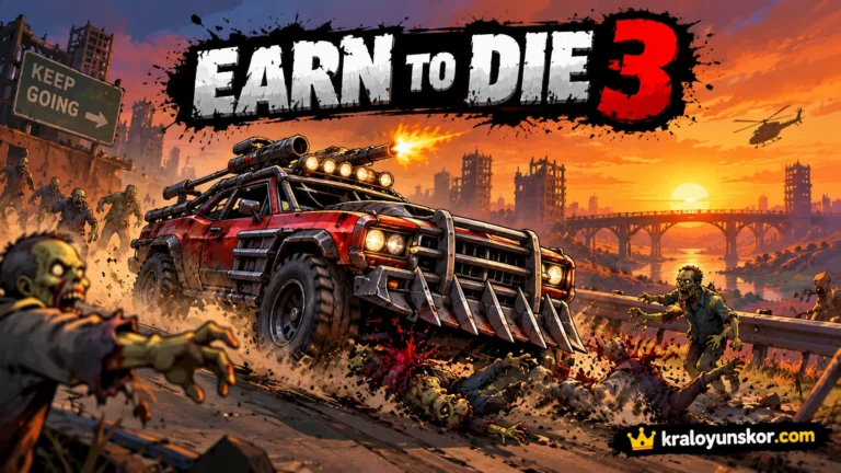 Earn To Die 3 oyununda zombilerle dolu yolda ilerleyen, güçlendirilmiş araç
