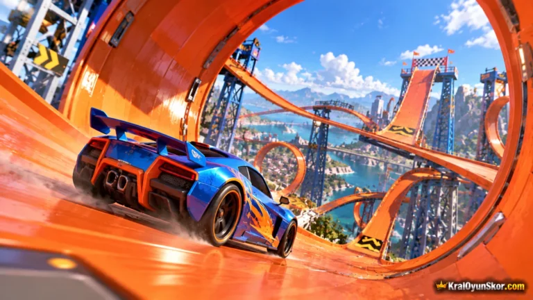 Hot Wheels Arabası oyununu temsil eden parlak turuncu akrobasi pistindeki dikey çemberden hızla geçen 3D yarış arabası