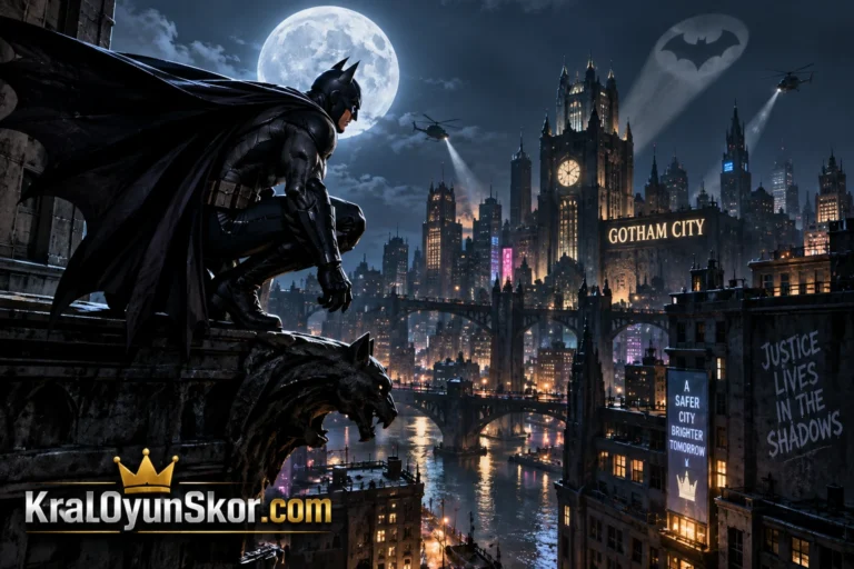 Lego Batman oyununu temsil eden Gotham City sokağında Batarang nişanı alan siyah pelerinli kahraman ve dağılmış inşa bloklarının yer aldığı 2.5D aksiyon sahnesi