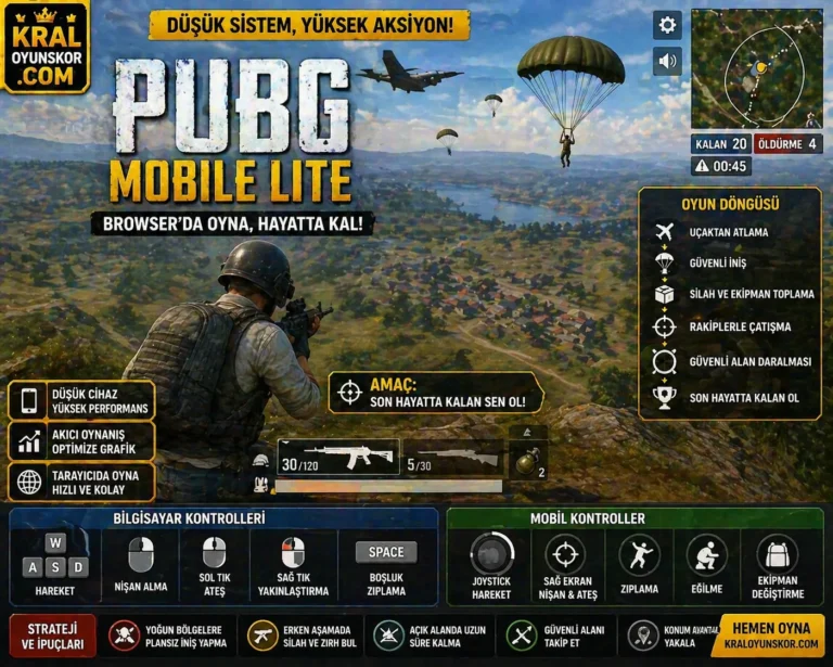 PUBG Mobile Lite oyunda paraşütle iniş, açık arazide silahlı mücadele ve daralan alan baskısını gösteren battle royale sahnesi