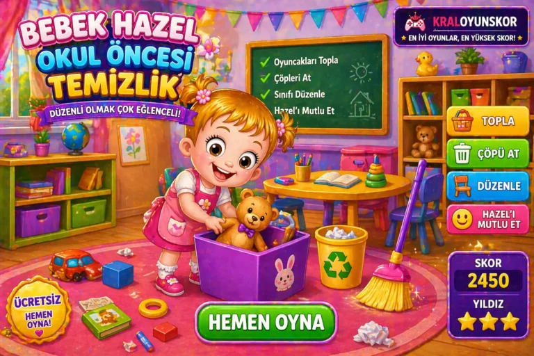 bebek hazel okul öncesi temizlik oyununda hazel sınıftaki oyuncakları topluyor