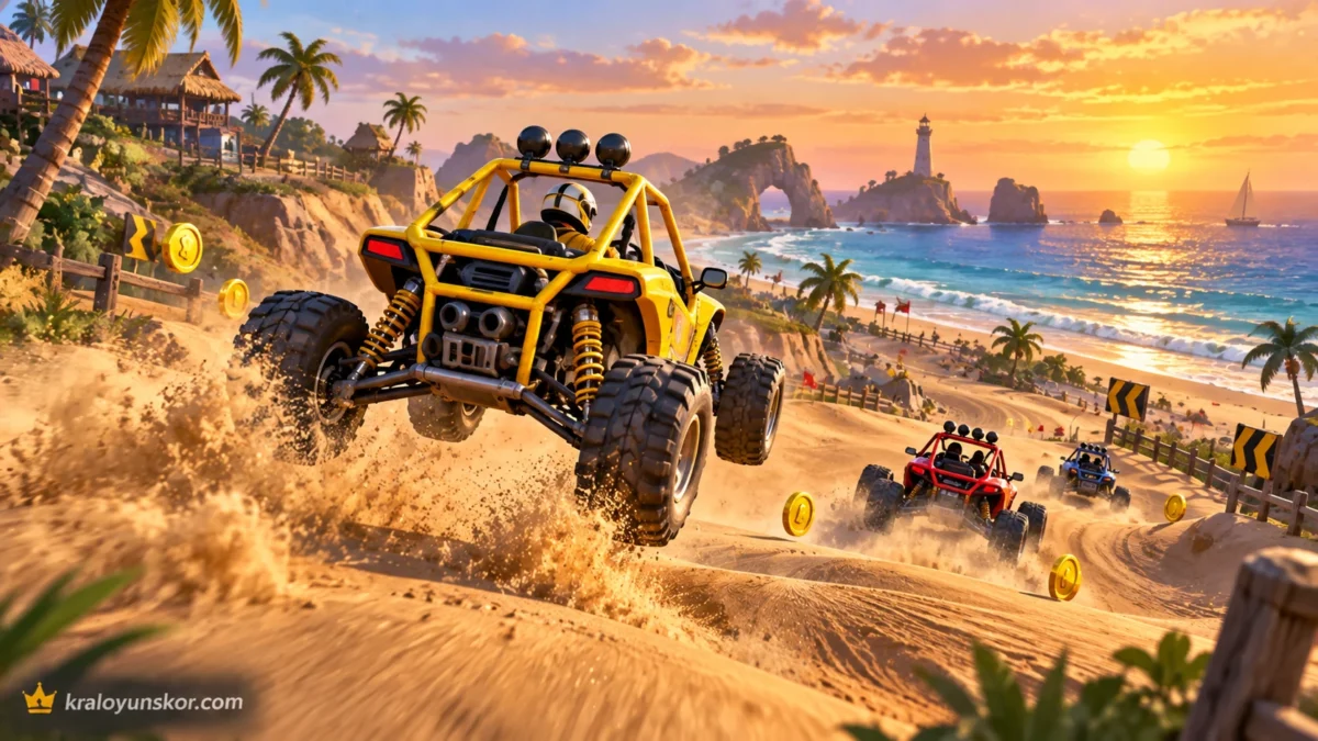 Buggy Sürücüsü oyununu temsil eden sahil kum tepelerinde yarışan renkli arazi aracının yer aldığı 3D araba yarışı sahnesi