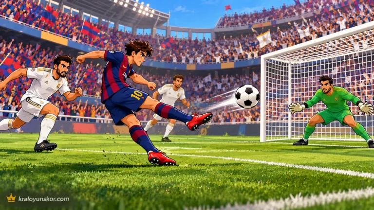 Futbol İspanya Ligi oyununu temsil eden stadyum çimlerinde mücadele eden iki futbolcunun şut ve gol anının yer aldığı 2D spor sahnesi