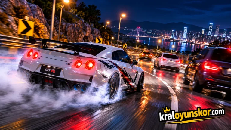 Gerçek F1 oyununda gece yolunda trafik arasında drift yapan beyaz spor otomobil