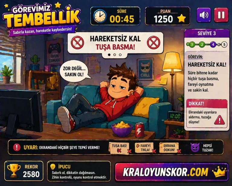 Görevimiz Tembellik oyunu oyna Görevimiz Tembellik oyununda koltukta rahatça uzanan karakterin, süre ve puan göstergeleriyle birlikte hareketsiz kalma görevini tamamlamaya çalıştığı renkli oyun sahnesi