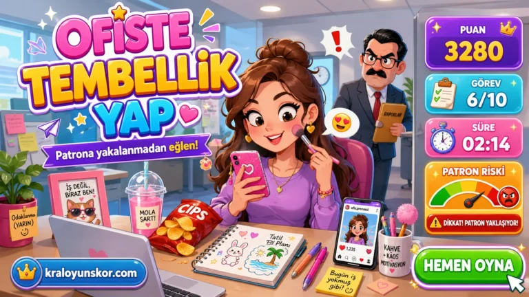 Ofiste tembellik Yap oyunu oyna Ofiste Tembellik Yap oyununda masa başında gizlice eğlenen genç kızın, patron baskını ve puan göstergeleriyle birlikte göründüğü parlak ofis sahnesi