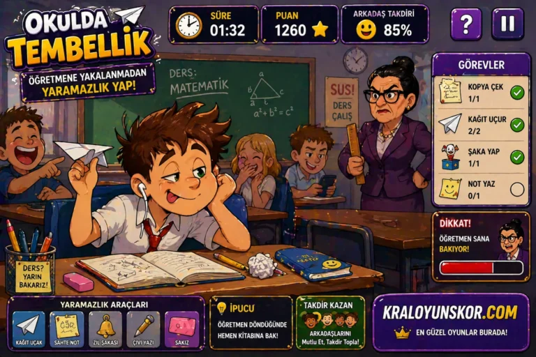 Okulda Tembellik oyunu oyna Okulda Tembellik oyununda sınıfta kağıt uçak ve mini görevler yaparken öğretmene yakalanma riski yaşayan öğrencinin göründüğü renkli sahne