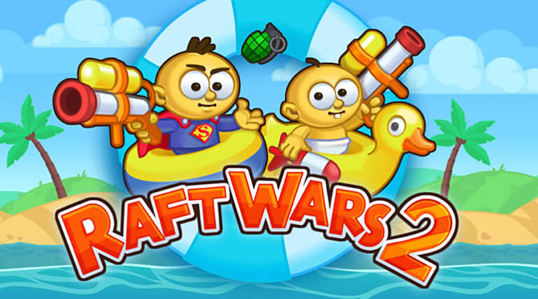 raft wars 2 oyununda sal üzerinde düşmanlara atış yapma sahnesi