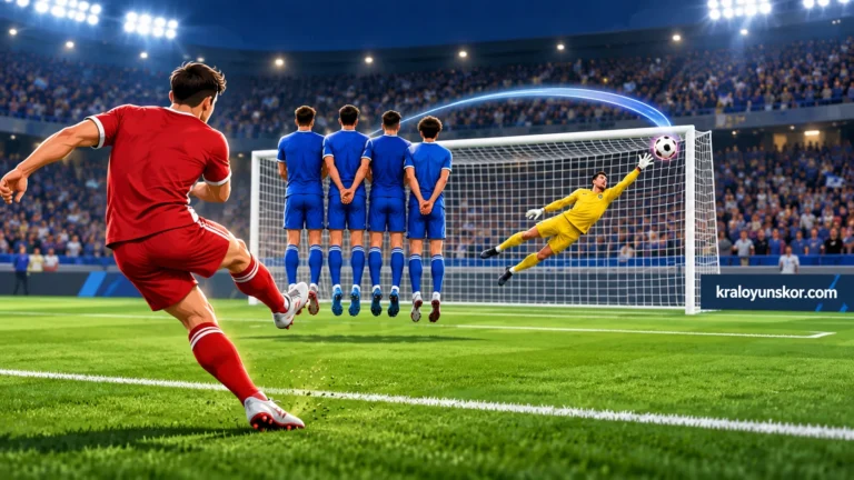 Skor oyununu temsil eden stadyumda kaleye doğru frikik kullanan futbolcu, baraj ve kalecinin yer aldığı futbol sahnesi