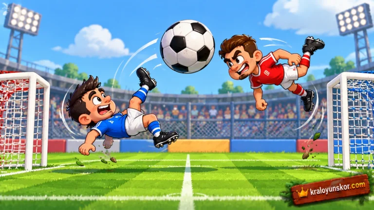 Teke Tek Maç 2 oyununu temsil eden küçük sahada kendi ekseninde dönerek topa zıplayan iki futbolcunun yer aldığı 2D spor sahnesi