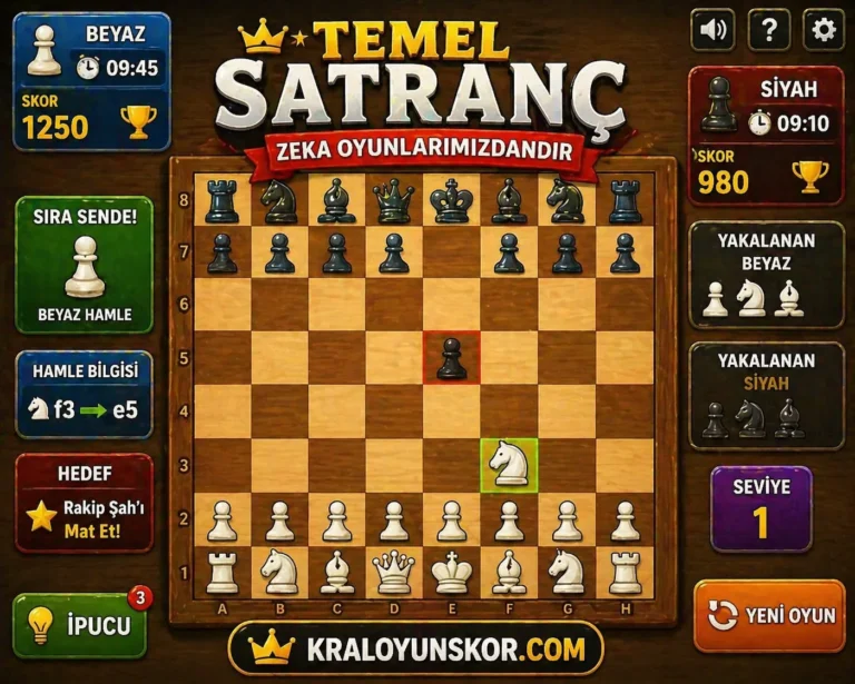 Temel Satranç oyununda ahşap satranç tahtası üzerinde beyaz ve siyah taşların karşı karşıya geldiği, skor ve süre detayları bulunan strateji sahnesi