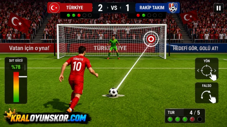 ürkçe Penaltı Atışları oyununda kale önünde penaltı kullanan futbolcu ve kalede bekleyen kalecinin yer aldığı temsilî 3D oyun görseli.