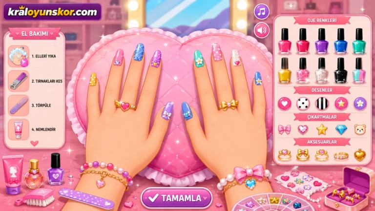 Bebek Barbie Tırnak Boyama oyunu oyna Bebek Barbie Tırnak Boyama oyununda manikür bakımı yapılan ve renkli ojelerle süslenen ellerin yer aldığı temsilî 2D oyun görseli.