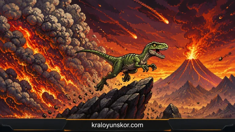 Dino Run oyunu oyna Dino Run’da kül duvarından kaçarken kayaların üzerinden atlayan piksel velociraptor.