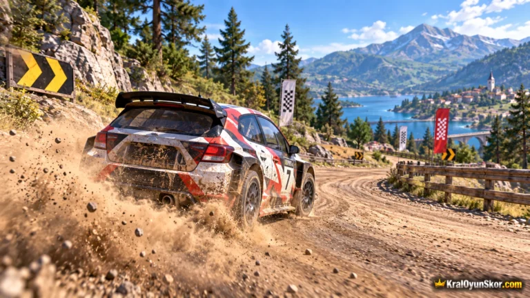 Dirt Rally Driver HD oyununu temsil eden toprak virajda arkasından toz bulutu çıkararak drift atan 3D ralli arabasının yer aldığı yarış sahnesi