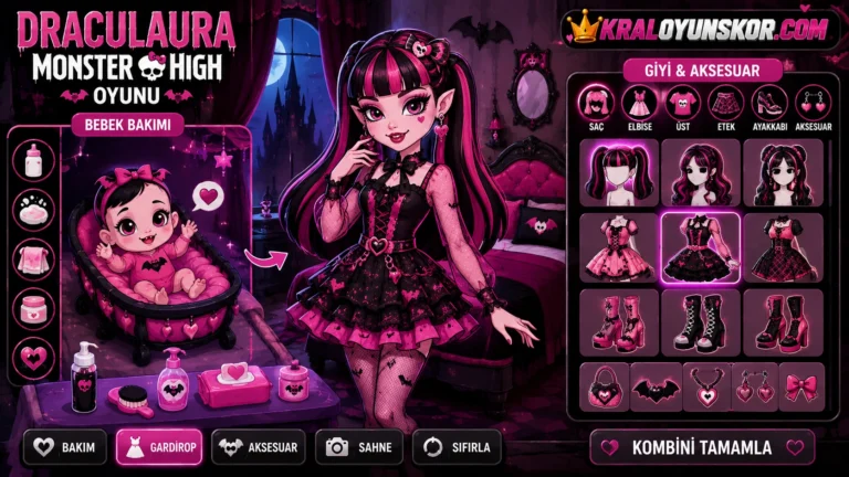 Draculaura Monster High oyununda pembe ve siyah tonlarda kıyafetlerin yer aldığı temsilî 2D giydirme oyunu görseli.