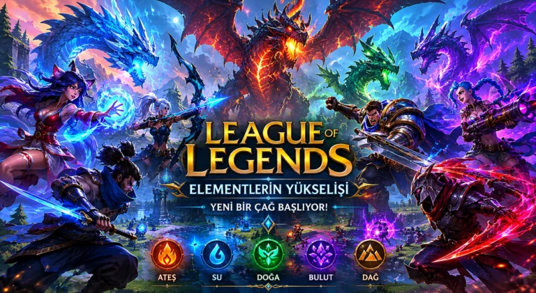 Elemental ejderhaların çevresinde savaşan şampiyonların bulunduğu fantastik MOBA savaş sahnesi