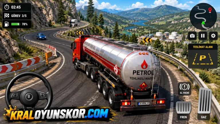 Petrol Tankeri Sür oyununda virajlı dağ yolunda ağır tonajlı akaryakıt tankeri kullanan sürücünün yer aldığı temsilî 3D oyun görseli.
