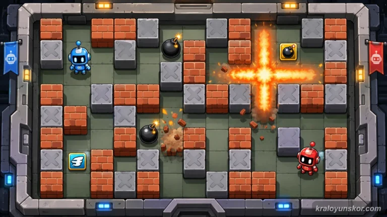 Mavi ve kırmızı robotlar, labirent arenasındaki blokların arasına bomba yerleştiriyor.