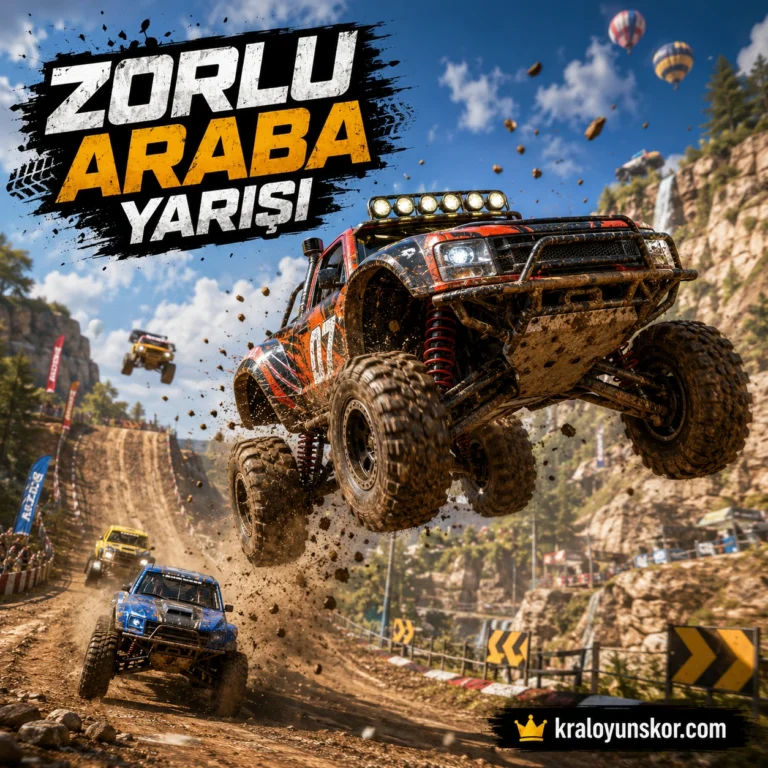 Zorlu Araba Yarışı oyununda rampadan uçan arazi aracı