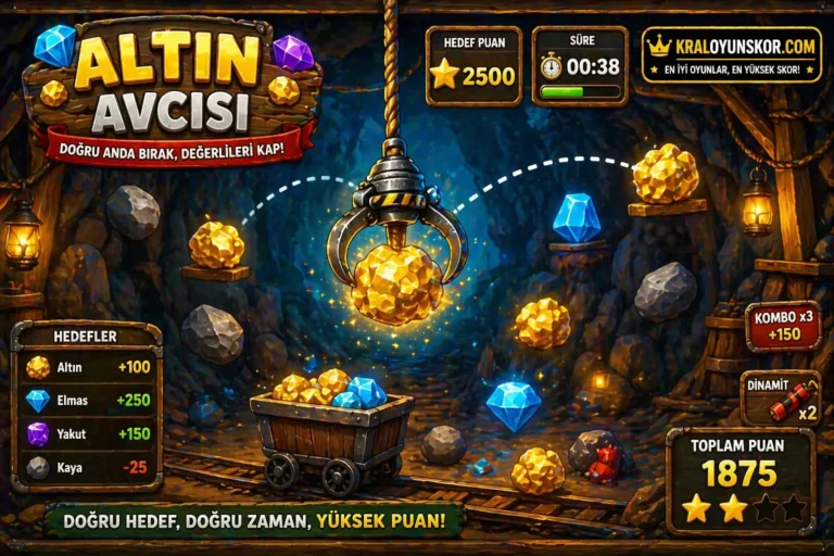 Altın Avcısı oyununda sallanan çengele doğru anda bırakılarak büyük altın ve değerli taşların toplandığı sahne